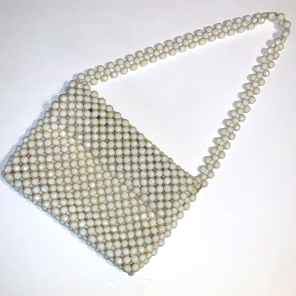 Vintage 70’s Etched Glass Beaded Mini Purse Milk White Shoulder Coquette Bridal